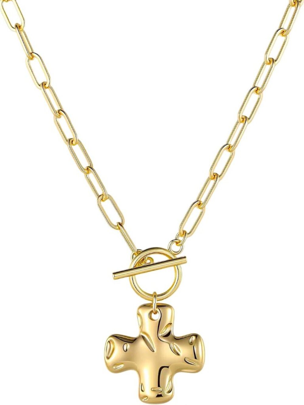 Gold Cross Necklace for Women Hammered Cross Pendant Toggle Clasp Paperclip Chai